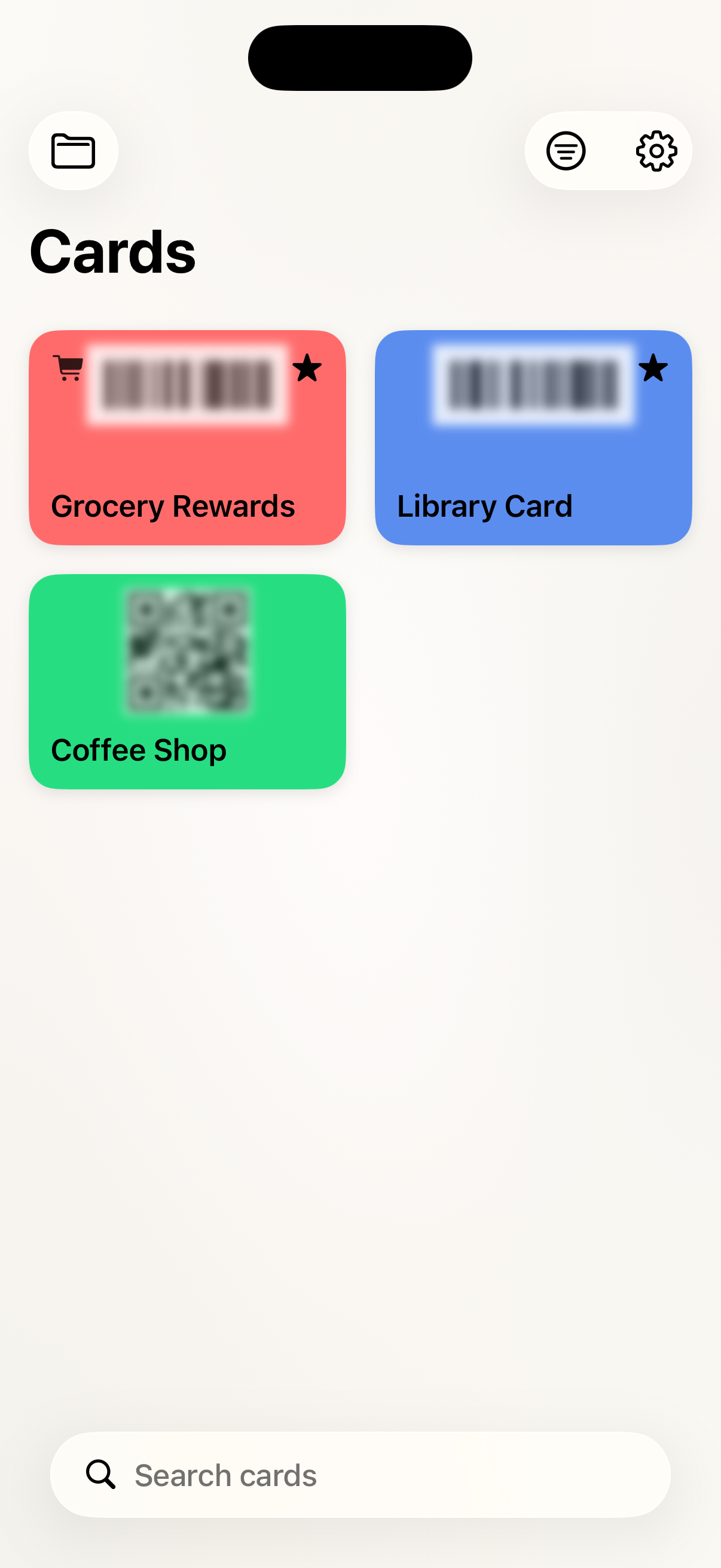 Codigo app showing organized loyalty cards and membership cards in a grid view